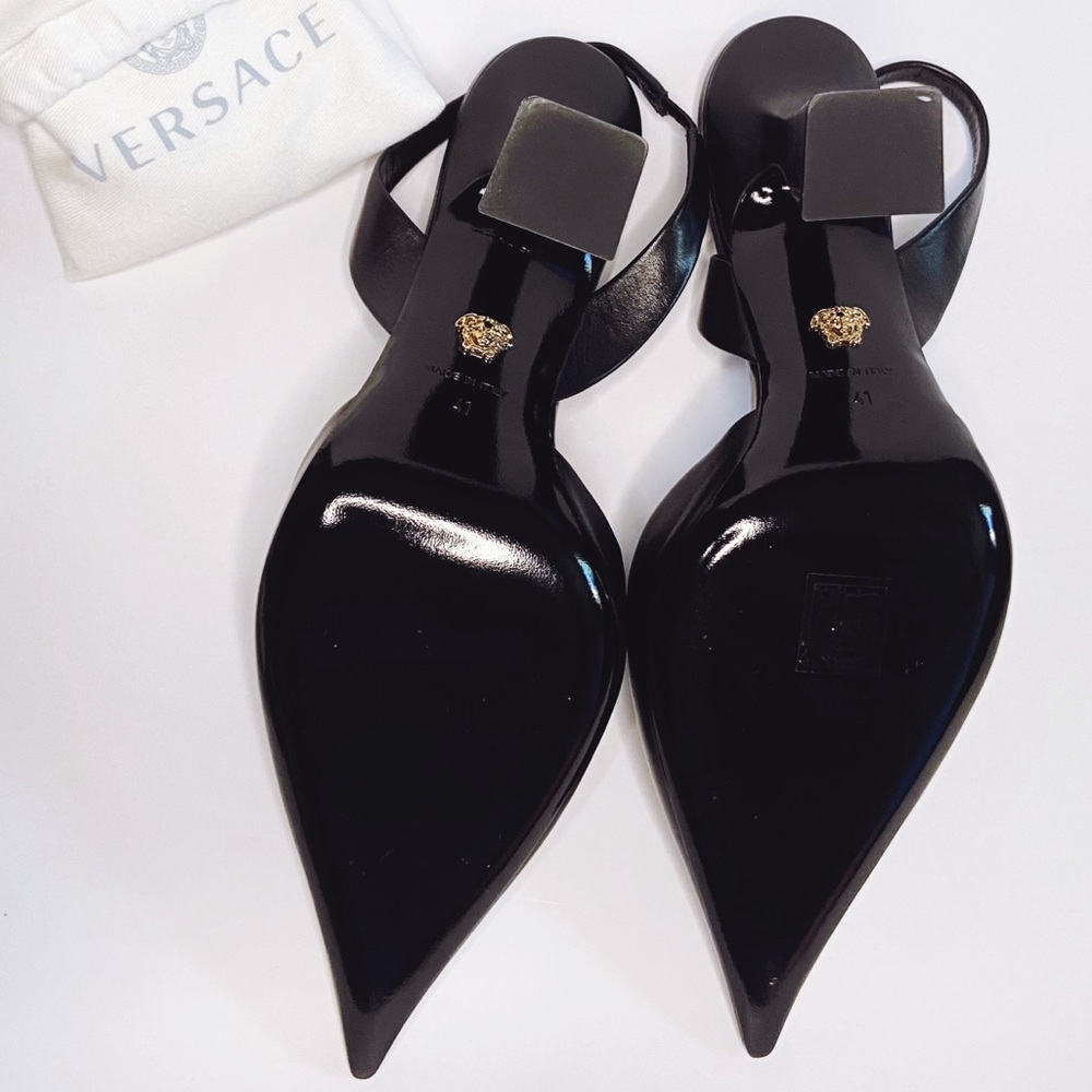 Versace Black Slingback Pointed Toe Heels with Medusa Chain - Picture 10 of 17